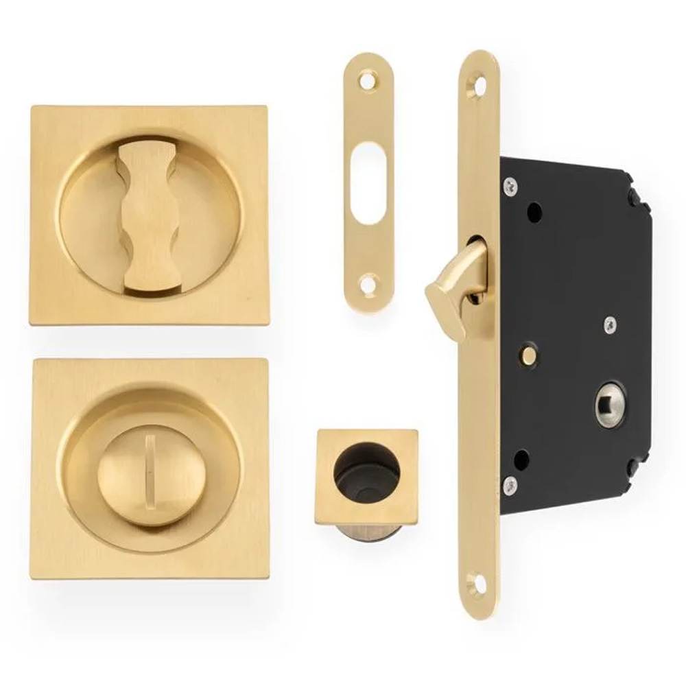 Henderson Square Sliding Door Lock - Polished Brass
